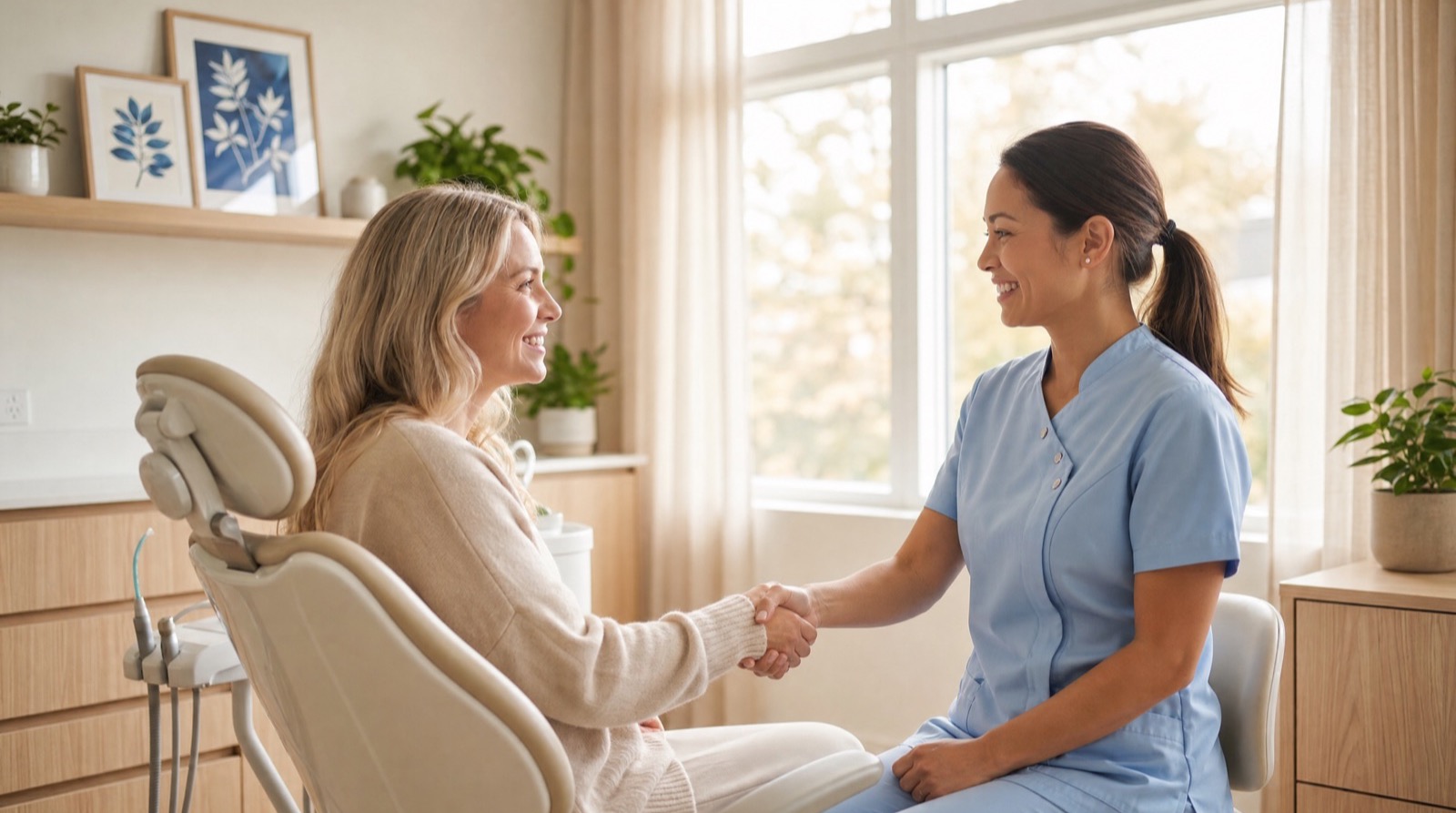 Dentist in scrubs warmly greeting a returning adult patient with a handshake in a sunlit, modern dental exam room