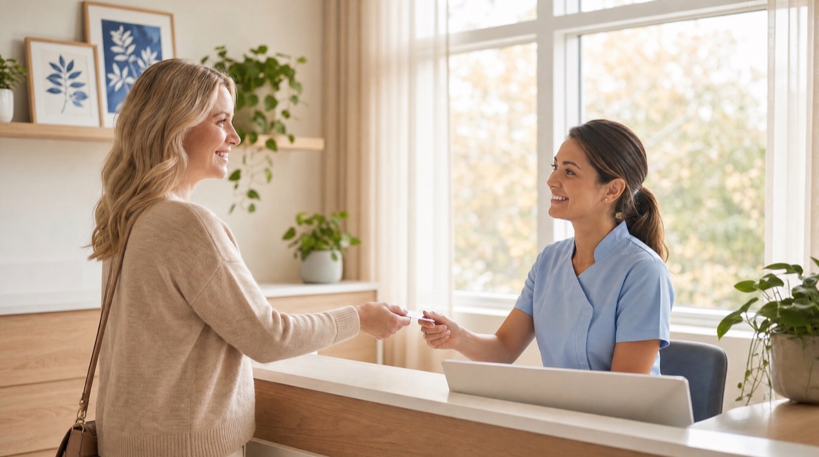 A patient presenting their CDCP member card at a bright Ontario dental clinic reception desk before an appointment