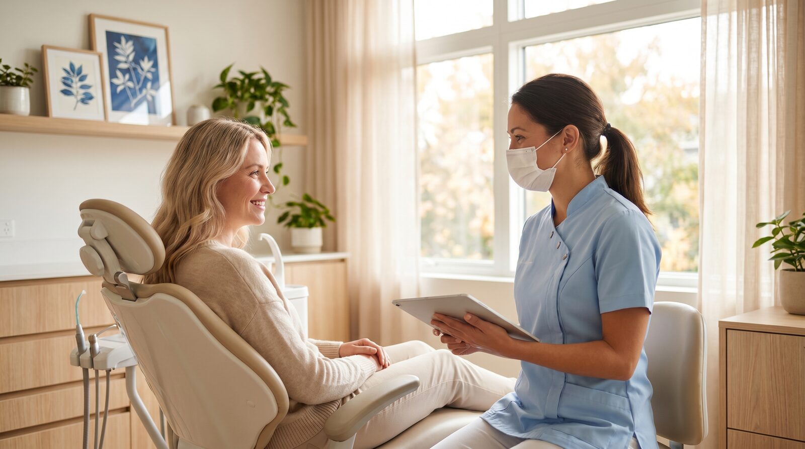 A patient smiling and talking with a dental professional in a bright, modern clinic