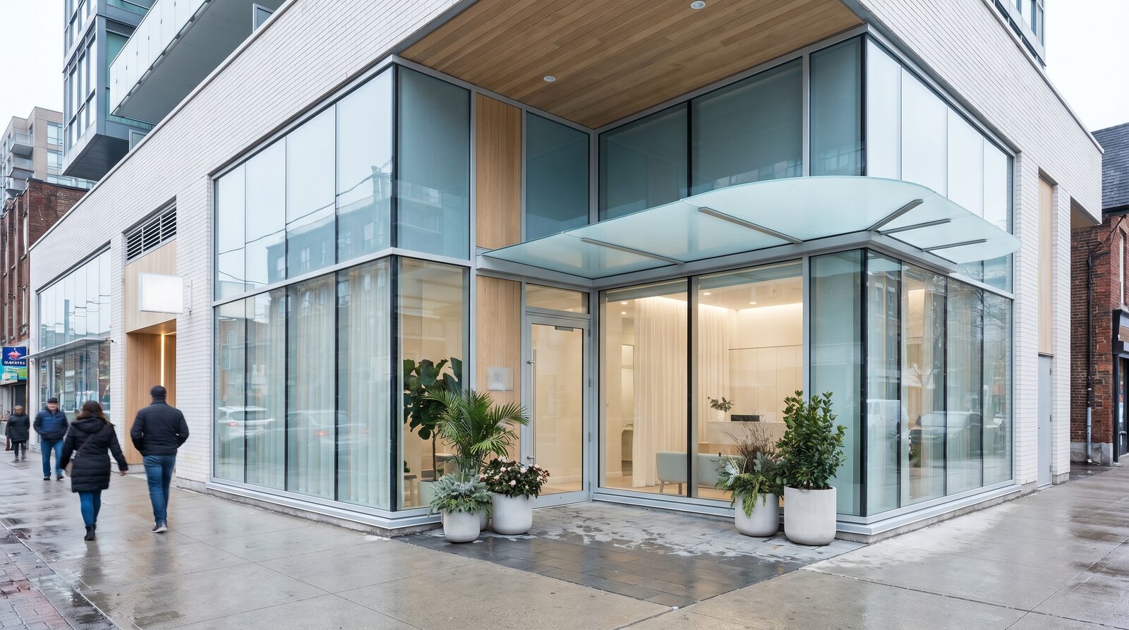 A bright, modern dental clinic storefront on a Toronto street