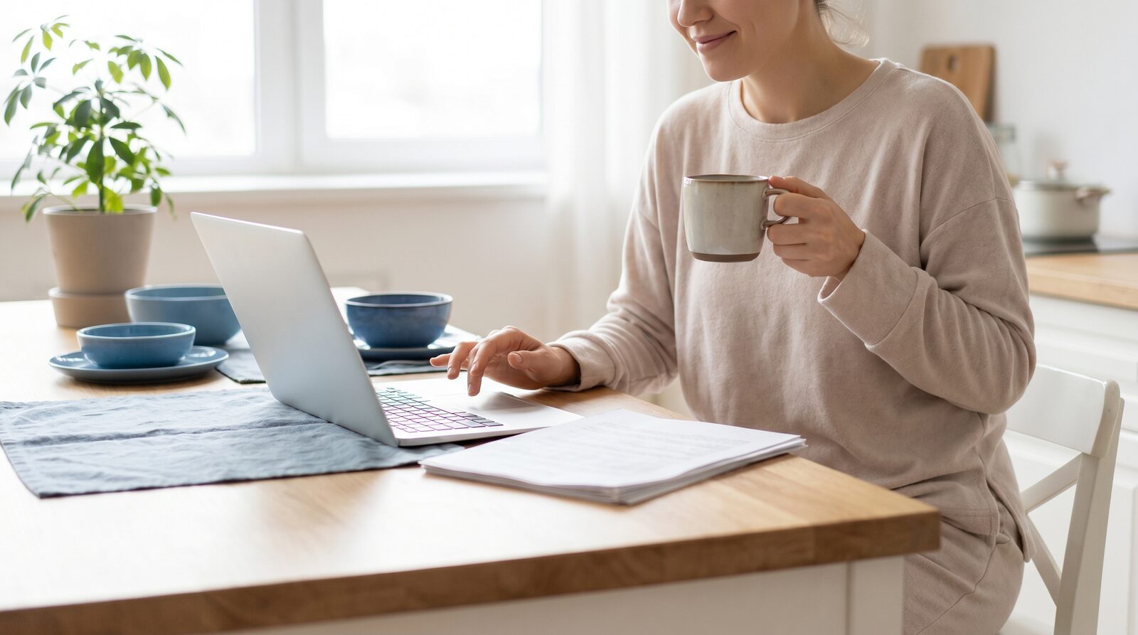 A person reviewing paperwork and a laptop at a bright kitchen table with a coffee