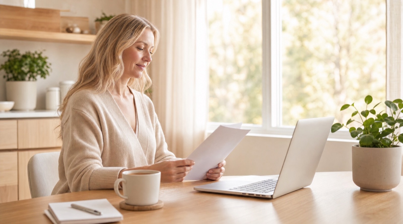 Person at a bright kitchen table calmly reviewing dental cost paperwork beside an open laptop, planning a dental visit without insurance