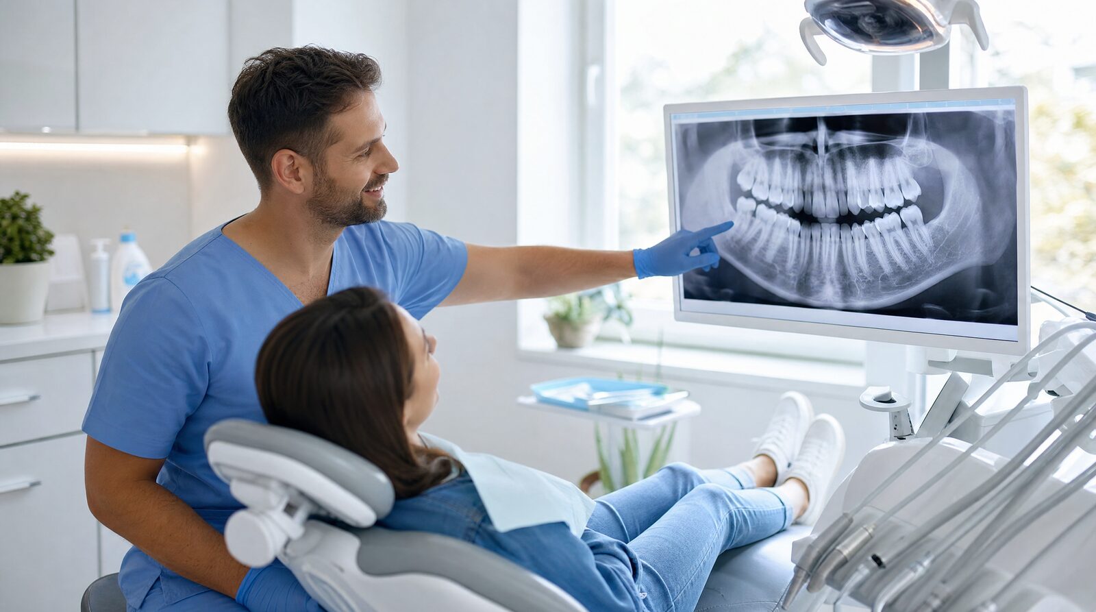 A dentist pointing at a dental X-ray on a monitor while a relaxed patient looks on in a bright treatment room