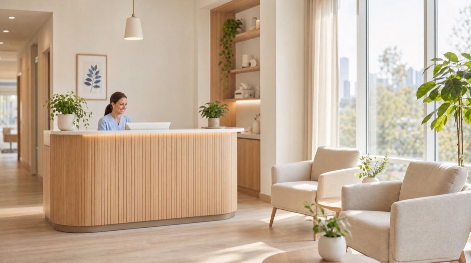Bright, welcoming Toronto dental clinic reception in warm morning light, with a light-wood front desk and soft waiting-area chairs